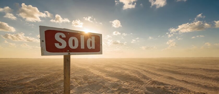Sold Sign in a Large Empty Land Development Lot at Sunset