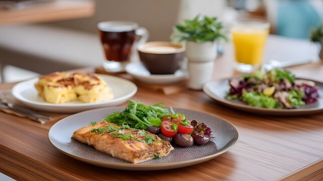 A beautifully arranged spread of healthy gourmet meals featuring roasted salmon and fresh salads on a wooden table