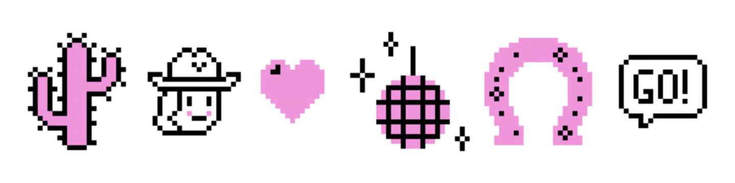 Cowgirls disco pixel art icons on white background. Cowboy hat, disco ball, lucky horse, cactus icon emoji set. Y2K pink retro party barbie style karaoke isolated pixel vector illustration