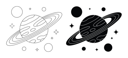Stylized Planets and Stars: A Cosmic Duo in Outline and Silhouette © Parvej stock
