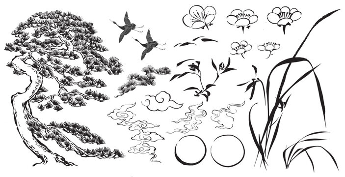 vector of enso circle, Chinese cloud, Bamboo leaves branch, abstract mountain with Chinese ink wash painting in traditional style.