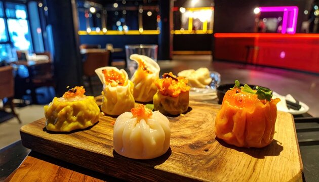 Assortment of colorful and unique dim sum creations artfully arranged on a wooden board