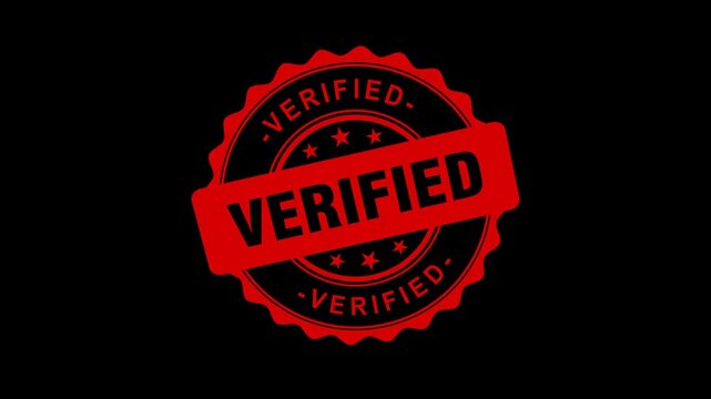 Verified red rubber stamp animation, circular quality seal with stars on black background, authentic certification mark for business validation