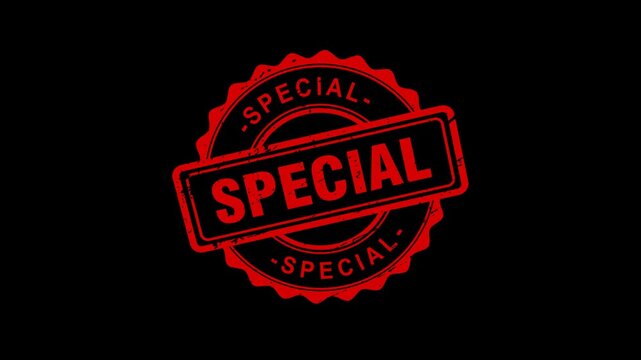 Special offer red rubber stamp animation, vintage circular seal with special text, retail promotion graphic on black background