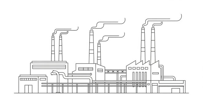 Industrial factory with smoking chimneys in a line drawing style.
