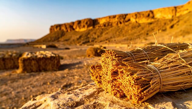 Bundles of tightly woven dried plant fibers resting on rocks in an arid, sunlit desert landscape
