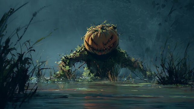 Eerie swamp creature with pumpkin head, digital art illustration