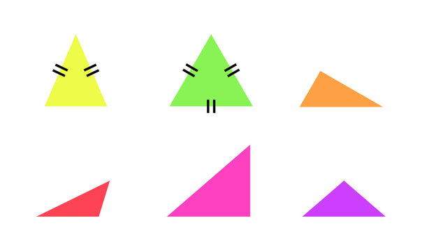 Colorful isosceles, right, and scalene triangles flashcard for geometry educational resource