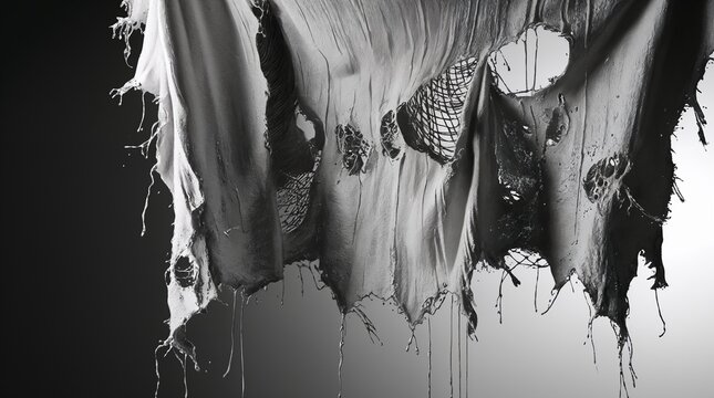 Severely damaged old textile with frayed fibres and holes.