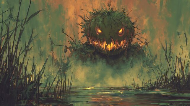 Glowing pumpkin monster in misty swamp, AI generated artwork