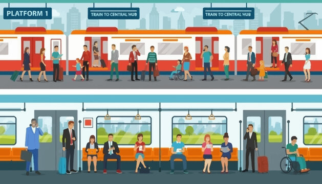 Illustration of people commuting in a modern subway train with orange and white cars