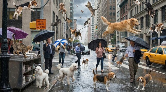 Raining cats and dogs in a surreal city scene. Funny fantasy concept of the idiom