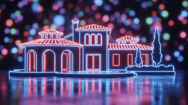 Colorful LED Light Display of a Small House with Bokeh Background during Nighttime