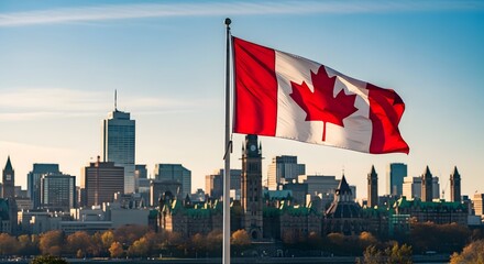 Obraz premium Canada day celebration canadian flag waving over a city skyline 1st july usa connection