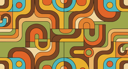 Fototapeta premium Retro 70s Abstract Pattern: Geometric Shapes, Wavy Lines, Earth Tones