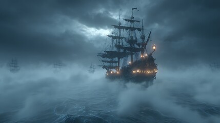 Obraz premium Spectral pirate fleet sailing through stormy seas, digital artwork