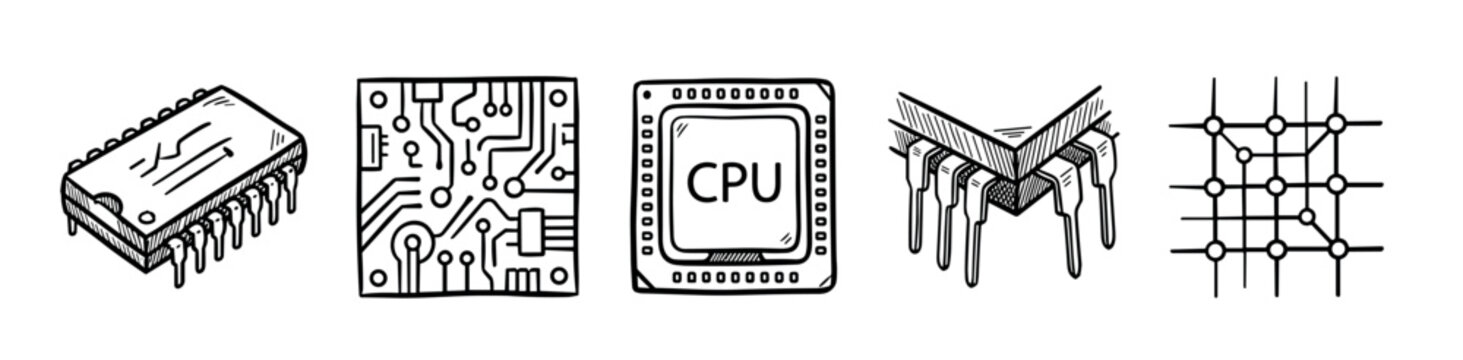 Electronic hardware elements doodle style illustrations set depicting various computer chips, circuit boards, and network diagrams in a hand-drawn, black and white sketch.