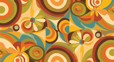 Fototapeta premium Retro 70s Inspired Floral Pattern: Psychedelic Swirls and Circles