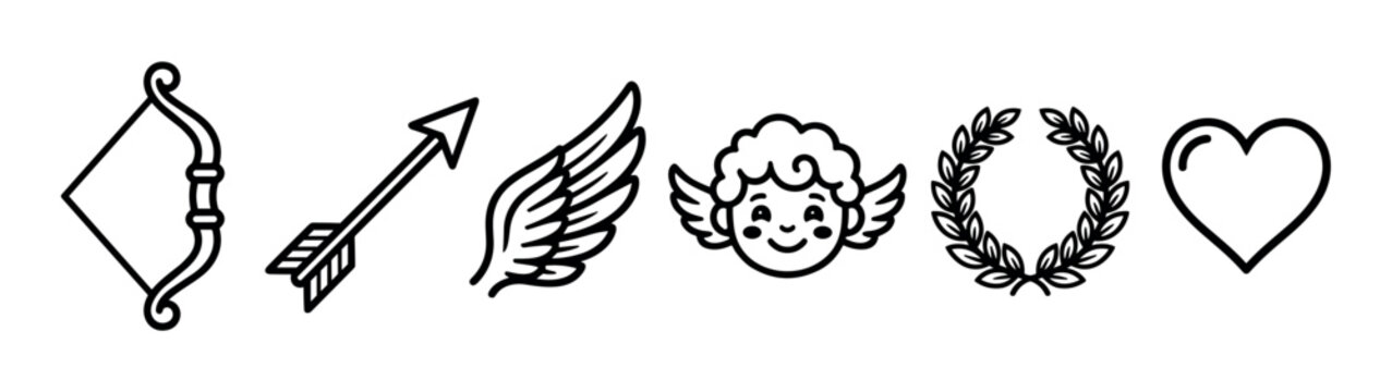 Love and romance icons set featuring various symbols like Cupid's bow, arrow, wings, cherub, laurel wreath, and heart in a simple outline style.