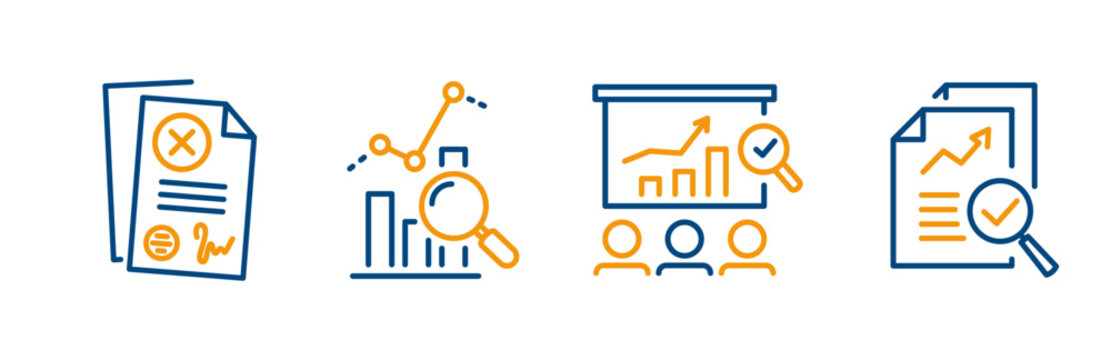 audit icons, set icon of  overview risk, review, illegal contract, audit committee, competitive analysis, thin line web symbols on white background - editable stroke vector illustration