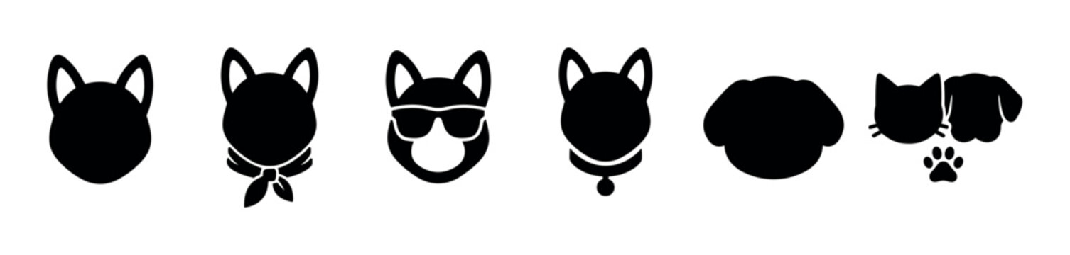 Various dog and cat head silhouettes with different accessories and styles, representing pets and their unique personalities in a minimalist icon set.