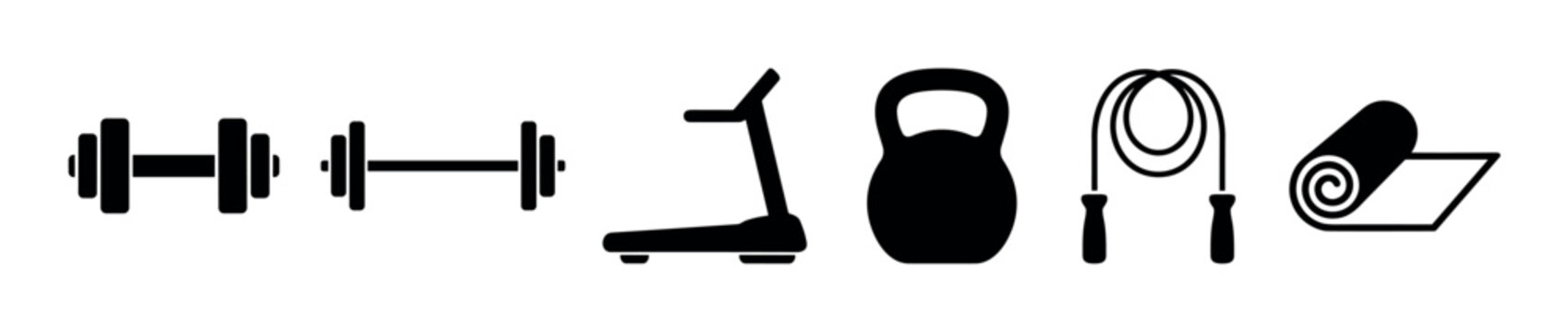 Fitness equipment icons set including dumbbells, treadmill, kettlebell, jump rope, and yoga mat for exercise and workout concepts.