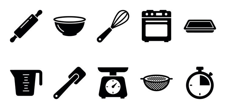 Baking kitchen tools and equipment icons collection for cooking and food preparation projects, illustrating various utensils and appliances.