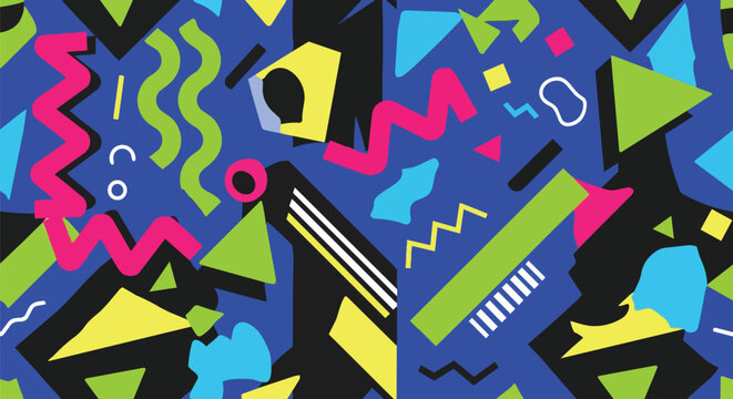Retro Memphis Style Pattern: Geometric Shapes, Wavy Lines, Vibrant Colors on Blue Background