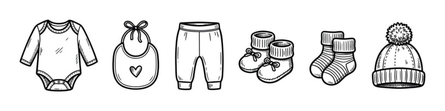 Baby clothes and accessories collection hand drawn sketch illustration featuring various newborn apparel items like a bodysuit, bib, pants, booties, socks, and a beanie hat.