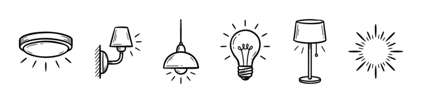 Collection of hand-drawn lighting fixtures and glowing light sources, including ceiling lights, wall sconces, pendant lamps, and bulbs, representing various illumination options.