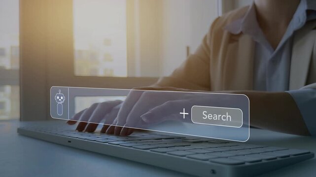 Person searching for information with the help of Ai assistant.Virtual assistant, artificial intelligence Bot and CRM software automation technology.Ai generator documents,bot writing and coding	