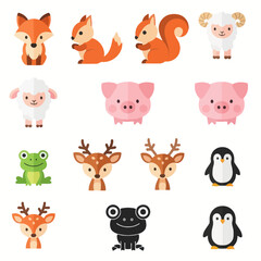 Fototapeta premium Cute Woodland Animals Collection: Fox, Squirrel, Sheep, Pig, Deer, Frog, Penguin Icons
