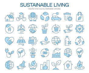 Fototapeta premium Sustainable living thin line icons, such as eco home, recycling, green energy, electric transport and more. Editable stroke vector illustrations.