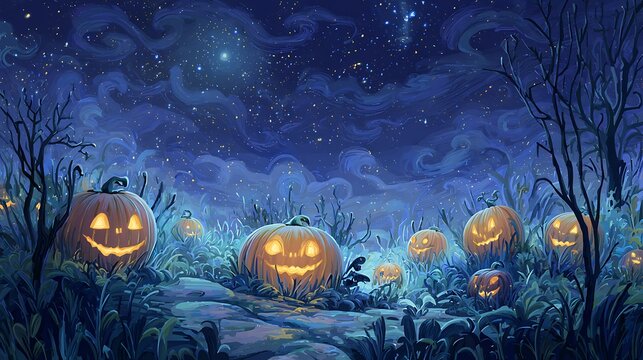 Glowing jack-o'-lanterns in a whimsical, digitally painted Halloween pumpkin patch under a starry night sky