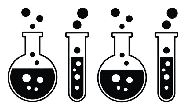 Four science lab beakers and test tubes with bubbling liquid and vapor