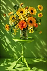 Fototapeta premium Vibrant Floral Arrangement on Green Table