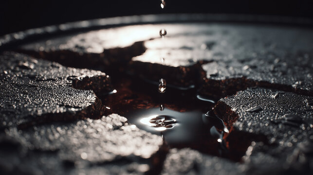 Water droplet falls onto cracked, wet pavement