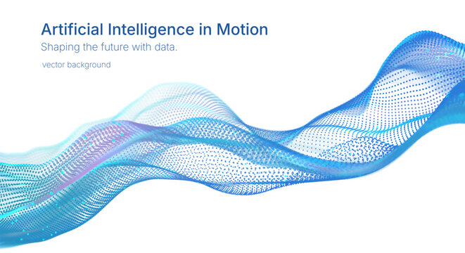 Abstract futuristic blue wave with floating particles and flowing lines on white vector background. Data flow concept for professional finance report, consulting pitch, e-learning, corporate banner