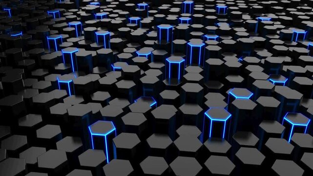 Black hexagonal pillars with blue neon lights rising and falling in a dynamic 3d grid pattern.