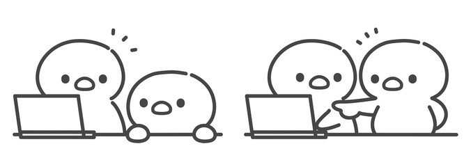 ノートパソコンで作業をするひよこに指示やアドバイスをするひよこの手書き線画イラストセット © Nitomaru