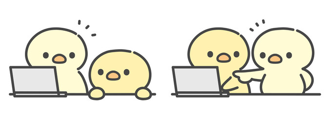 ノートパソコンで作業をするひよこに指示やアドバイスをするひよこの手書きイラスト © Nitomaru