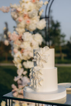 White wedding cake decorating an outdoor ceremony
