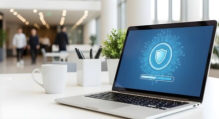 Fototapeta premium Cybersecurity concept laptop displaying a digital security shield in an office