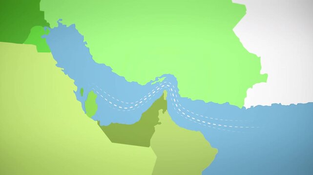Clean vector animation map showing curved shipping routes through the Strait of Hormuz, visualizing global oil transport corridors and strategic navigation paths in the Gulf region.