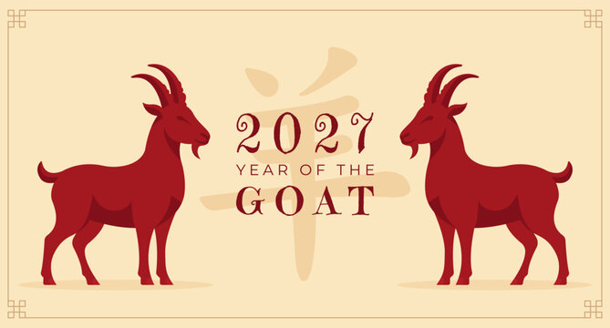 Happy lunar new year 2027 with two red zodiac goats vector illustration.