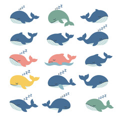 Fototapeta premium Cute Sleeping Whales Collection, Cartoon Underwater Marine Mammals