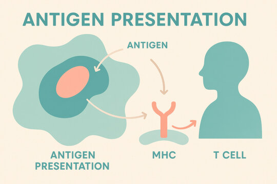 Simplified diagram of antigen presentation mechanism showing an immune system T cell and MHC. This educational healthcare and immunology concept illustrates biological process