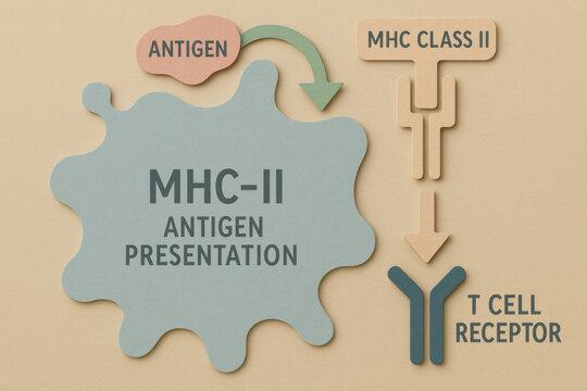 Educational medical diagram of mhc antigen presentation. An immunology illustration showing t cell receptor pathway for clear healthcare and science communication