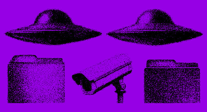 UFO and surveillance camera icons in a set. Simple purple vector illustration of security equipment and folders.