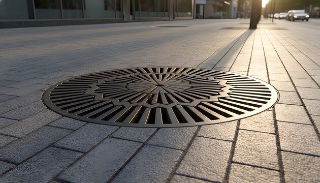 Close up of a circular metal tree grate with a complex geometric pattern embedded in stone pavement on a modern city street for urban landscape design concept